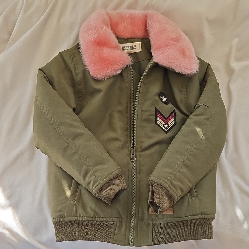 Buffalo David Bitton Green and Pink Puffer Jacket with Faux Fur Collar